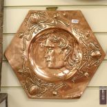 2 Art Nouveau relief embossed hexagonal copper plaques, depicting female profiles and floral tulip