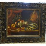 Large modern oil on canvas, Classical still life study, in ornate relief moulded acanthus