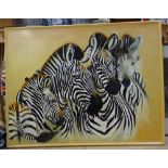 Clive Fredriksson, large oil on board, zebras, overall frame dimensions 95cm x 123cm