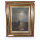 19th century oil on canvas, moonlit seascape, signed with monogram TW, 35cm x 25cm, framed