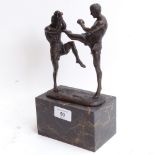 Milo, bronze sculpture, kickboxers, signed, on veined black marble base, overall height 25cm