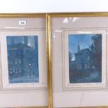 Paul Braddon, pair of watercolours, moonlit buildings, 26cm x 18cm, framed