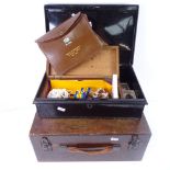 An oak box with tray fitted interior, 38cm across, a tin with Masonic items, costume jewellery,