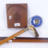 Royal Engineers bookend and paperweight, horn-handled walking stick and 2 swagger sticks
