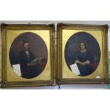 A pair of 19th century oils on canvas, portraits of a man and his wife, unsigned, in original gilt-