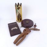 Trench art "Arras" shell case, leather tape measure, inlaid silver bog oak holder, corkscrew etc