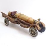 Clive Fredriksson, handmade carved and painted wood sculpture, Vintage touring car, length 50cm