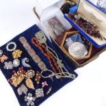 A box of mixed costume jewellery, to include silver compact, other compacts, tray of brooches, metal