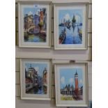 Sirol, set of 4 watercolours, scenes in Venice, 23cm x 16cm, framed