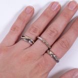 3 Danish sterling silver and gilt modernist stylised rings, no maker's marks, largest band width 6.