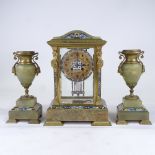 A late 19th/early 20th century French Empire style champleve enamel and green onyx 3-piece clock