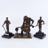 3 early 20th century patinated bronze sculptures of foundry workers, 1 indistinctly signed,