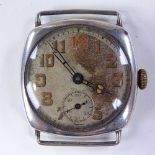 A First War Period silver cushion-cased mechanical wristwatch head, silvered dial with Arabic