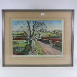 Adrian Allison, print, Cotswold crossroads, signed in pencil, 18" x 24", framed Good condition