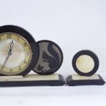 An Art Deco green onyx and slate 8-day 3-piece clock garniture, circular panels with brass chapter