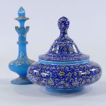 A Persian hand painted enamel bowl and cover, height 20cm, diameter 20cm, and a gilded blue glass