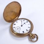 WALTHAM - a gold plated full hunter side-wind pocket watch, white enamel dial with Roman numeral