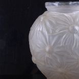 Etling, relief moulded opaque glass flower design vase, height 23cm, rim diameter 11cm Perfect