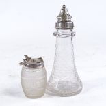 A novelty cut-glass and silver plate lighthouse design sugar caster, height 16cm, and a barrel-