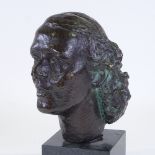 M Jovy, patinated bronze sculpture, woman's head on marble plinth, signed, height 16.5"
