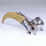 An Edwardian sterling silver-mounted boar tusk gold design gimballed oil burner, model no. 213,