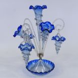 A blue and clear glass table centre epergne, height 49cm