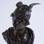 A patinated bronze bust of Mercury, late 19th/early 20th century, on bronze column and mahogany