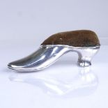 An Edwardian novelty silver lady's shoe design pin cushion, by William Hair Haseler, hallmarks