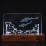 Strombergshyttan Sweden, glass shark sculpture, circa 1970, length 19cm, on original wood display