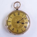 A 14ct gold open-face key-wind pocket watch, floral engraved case and face with Roman numeral hour