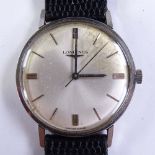 LONGINES - a Vintage stainless steel mechanical wristwatch, silvered dial with baton hour markers,