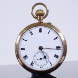 A 9ct gold open-face top-wind pocket watch, white enamel dial with Roman numeral hour markers, blued