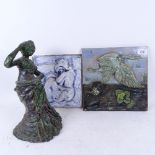 Glazed clay sculpture of a lady, by Lynne Summerfield, 30cm, and 2 Studio pottery plaques