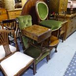 A reproduction walnut sofa table, a 19th century prayer chair with barley twist columns, a 1930s