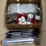 2 tripods, beersteins, hardstone eggs, and postcards