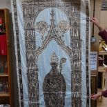 A brass rubbing fixed to a silk panel, depicting Robert Allum Bishop of Salisbury AD 1418,