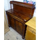 A Regency flame veneered mahogany chiffonier, with raised shaped back, single frieze drawer,