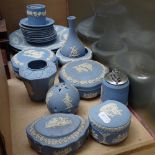 Quantity of Wedgwood blue and white Jasperware ceramics, including plates, vase, lighter etc