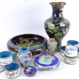 Large quantity of various Oriental cloisonne enamel items, including vase, bowl, napkin rings and