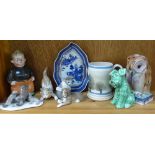 4 Lladro animals, a Sylvac Terrier, 12cm, an owl, Mocha Ware mug etc