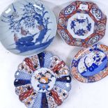 A Japanese Imari pattern octagonal plate, 6 character mark, 22cm across, and another Oriental blue