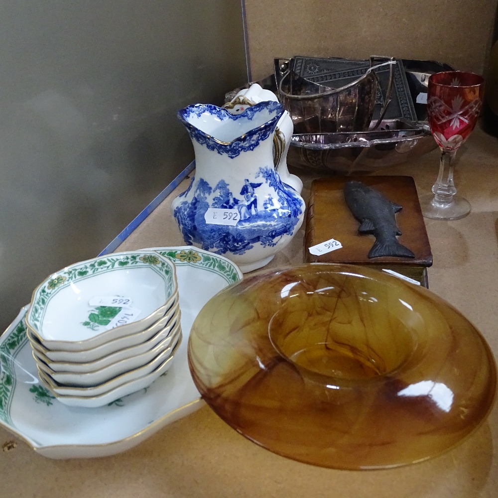Vase, desk weight, glass and plated items