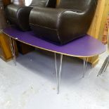 A free-form a-symmetrical Danish design dining table, with purple laminated ply top, on chrome legs,