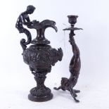 A French Neoclassical Renaissance style patinated bronze ewer, and a reproduction bronze figural