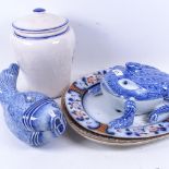 Fish and frog tureens, 2 Victorian meat plates, and a white and blue jar and cover