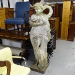 A large weathered concrete garden statue, lady and a swan, H160cm