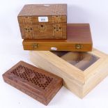 A marquetry-banded box with tray-fitted interior, 20cm across, 3 other boxes, and various clock keys