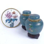 A pair of Chinese cloisonne enamel brass ginger jars and covers, and a similar plate, plate diameter