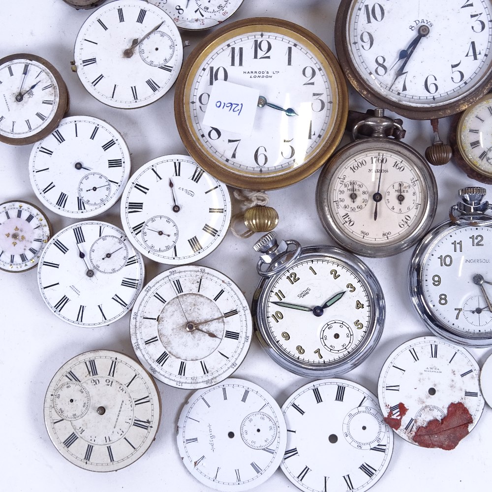 A collection of various enamelled pocket watch dials and movements, to include some Verge etc