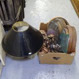 A box containing table lamp, treen items, wooden furniture mounts etc